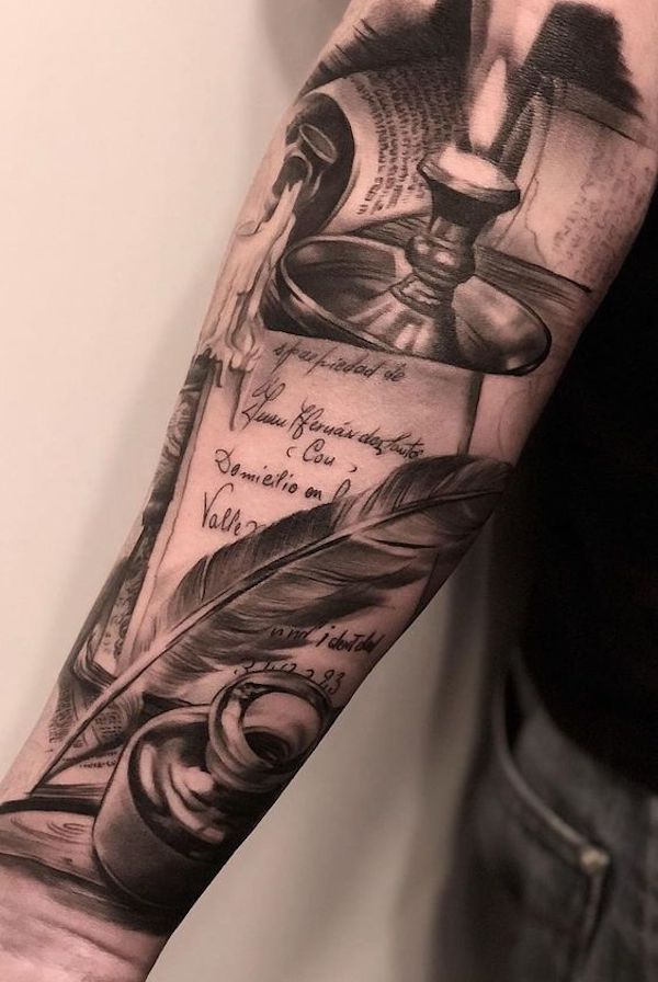 Quill and Serpent Feather sleeve Tattoo for man