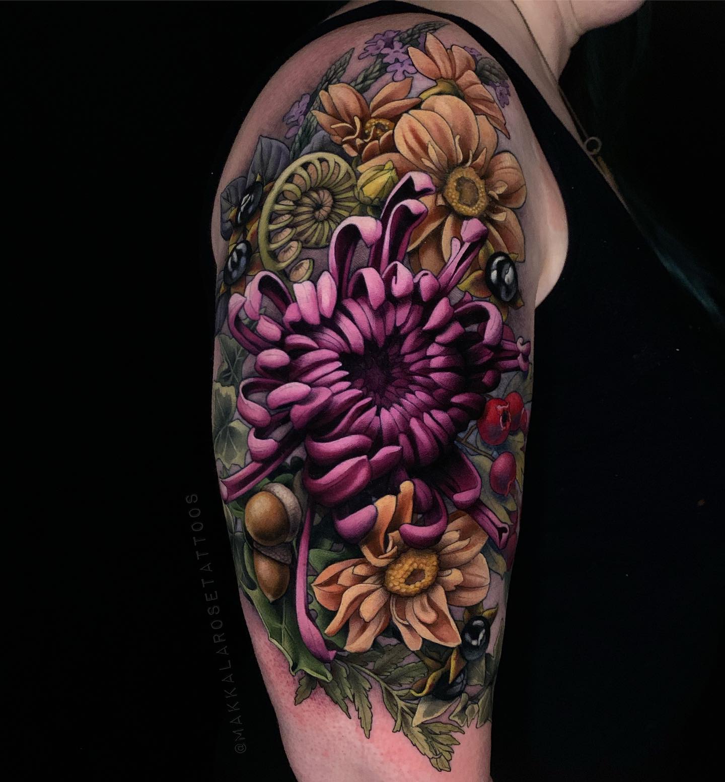 Rare Fireworks Chrysanthemum and gerbera tattoo