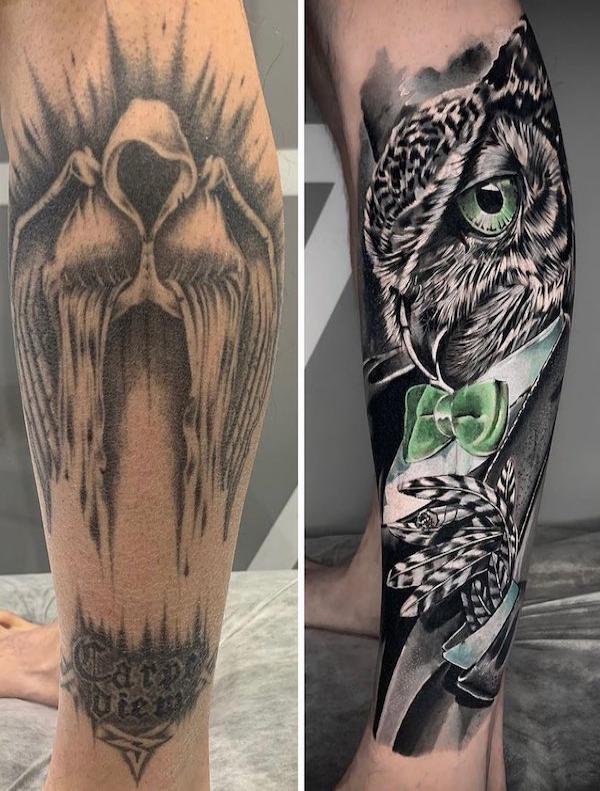 Realistic Owl forearm cover up tattoo