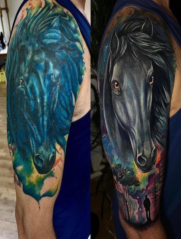 Realistic horse half sleeve tattoo