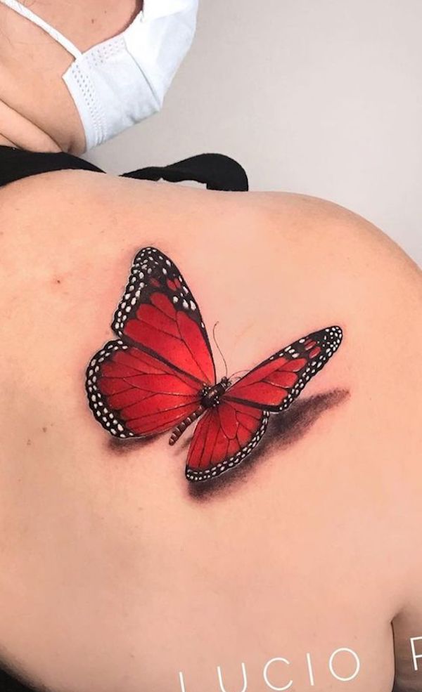 3d red butterfly tattoo on shoulder