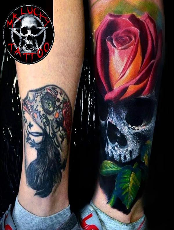 Rose and skull cover up on ankle
