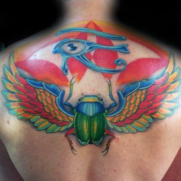 Scarab Beetle and Eye of Horus back tattoo