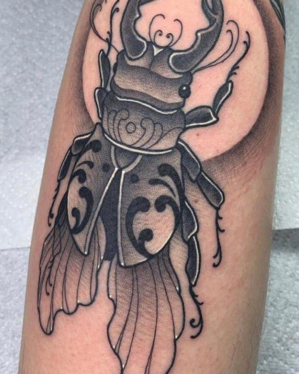 Scarab Beetle and moon tattoo black and white