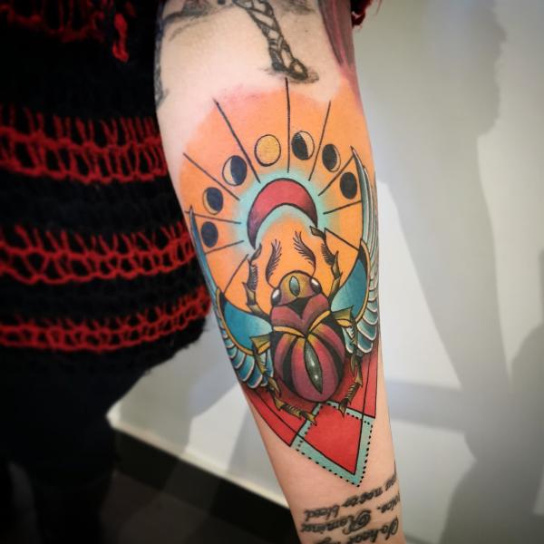 Scarab Beetle with crescent moon and moon phase tattoo