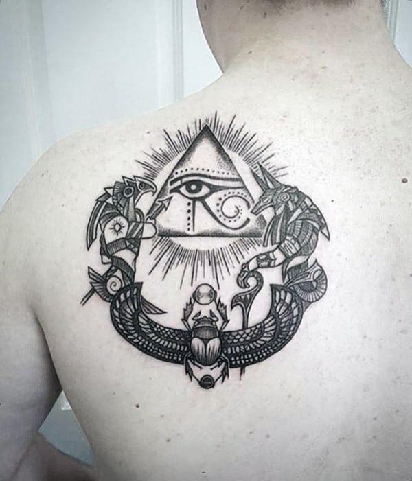 Scarab with Anubis Ra Pyramid with Eye of Horus tattoo