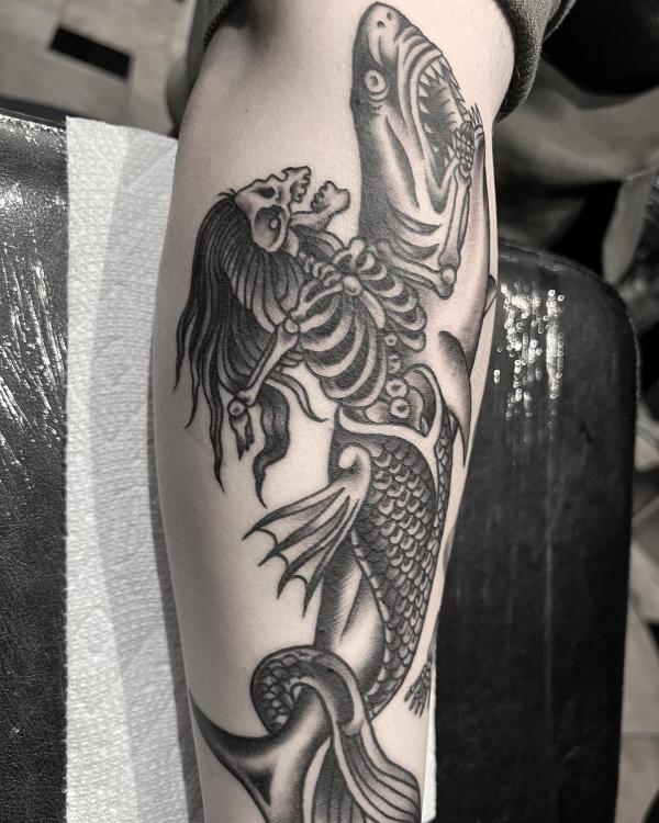 Skeleton mermaid and shark tattoo