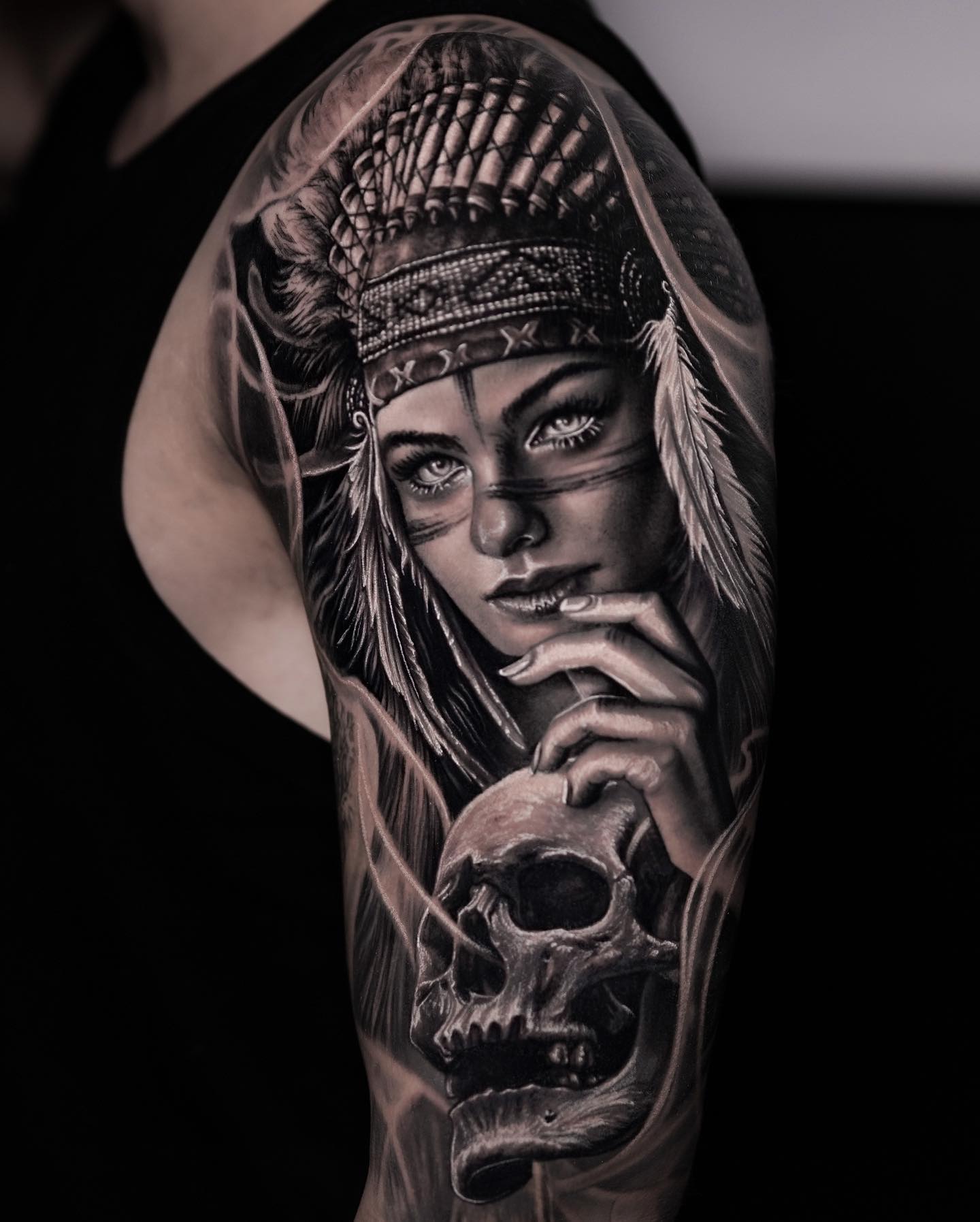 Skull and a Native American girl tattoo