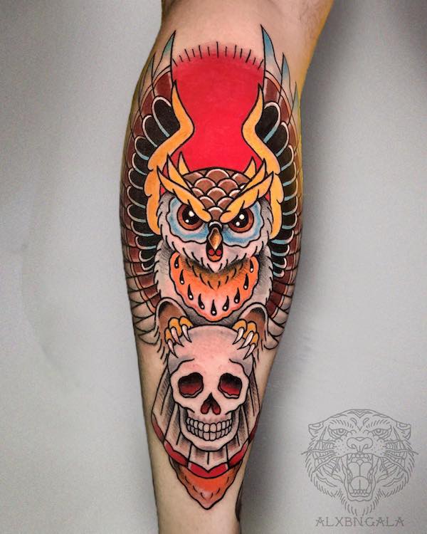 Skull and owl in traditional syle
