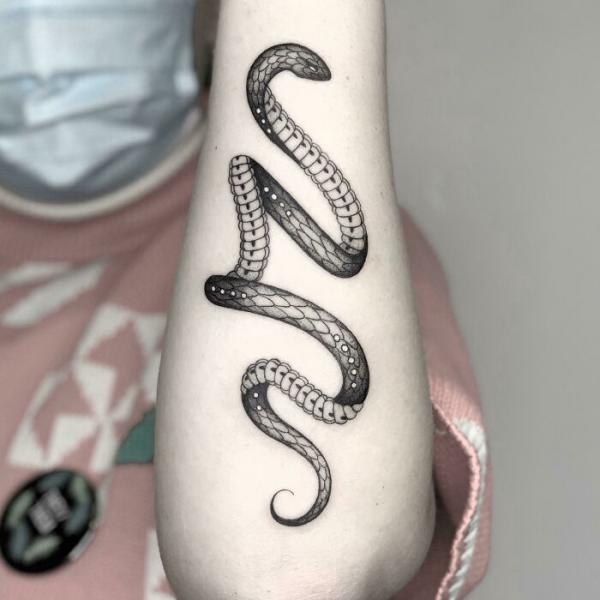 Snake tattoo on outer forearm