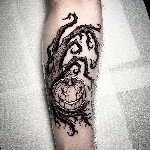 Spooky trees and pumpkin tattoo