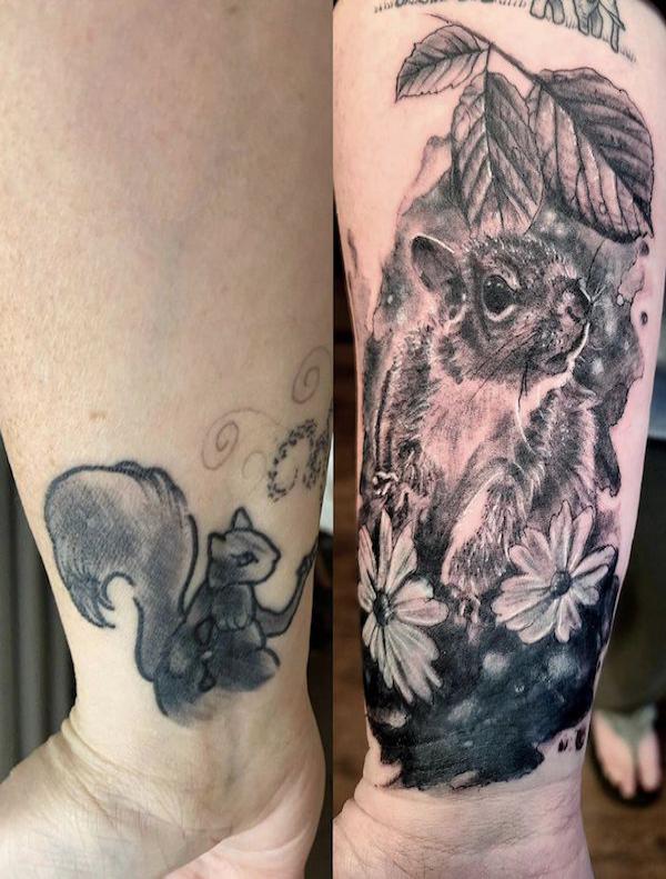 Squirrel wrist cover up tattoo