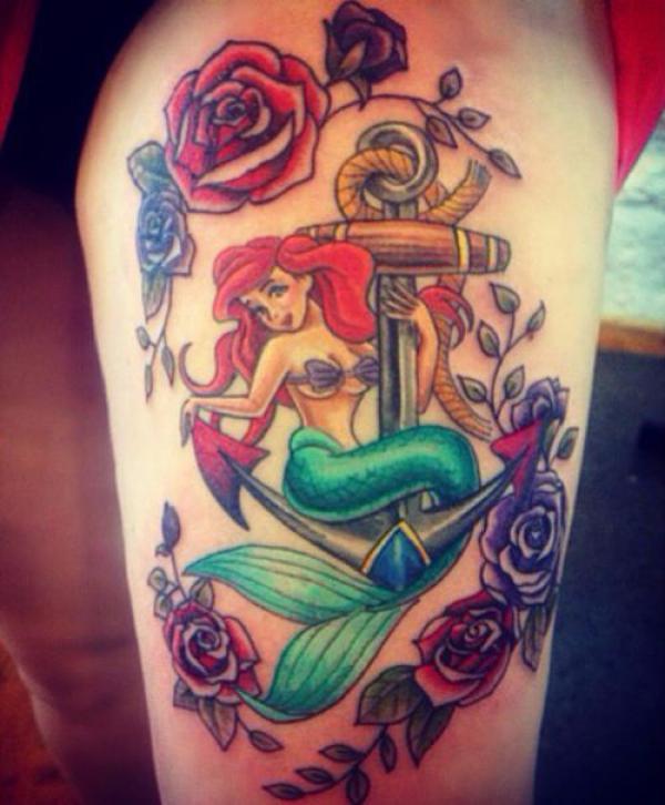 The Little Mermaid and anchor with roses tattoo