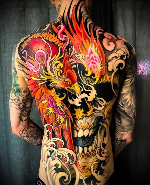 Traditional Japanese style phoenix tattoo on full back