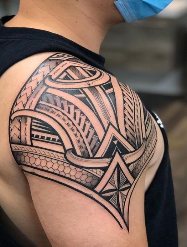 Tribal shoulder piece  linework tattoos tatau malu  polynesiantribal freehand tribal inked blackandgrey coloredink   Instagram