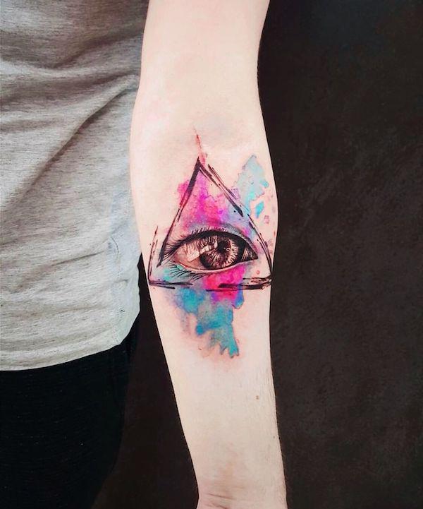 Watercolor Eye of Providence inner elbow tattoo