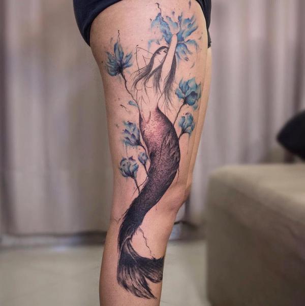 Watercolor mermaid and lotus tattoo