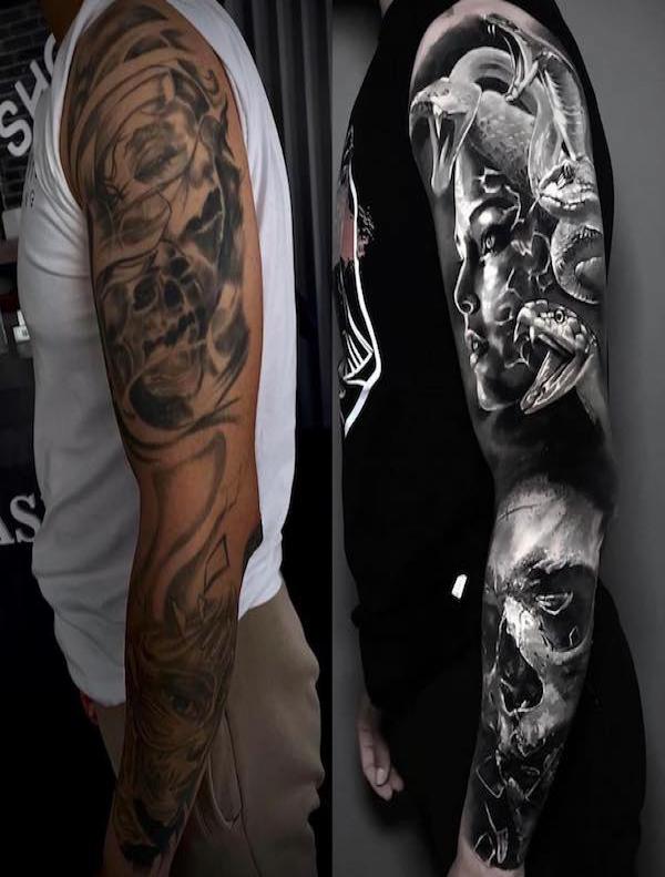 medusa and skull full sleeve tattoo