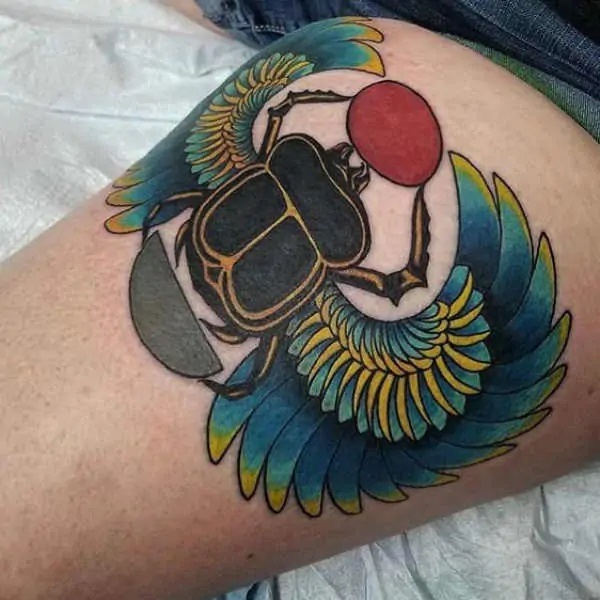 traditional Scarab Beetle with sun disk tattoo