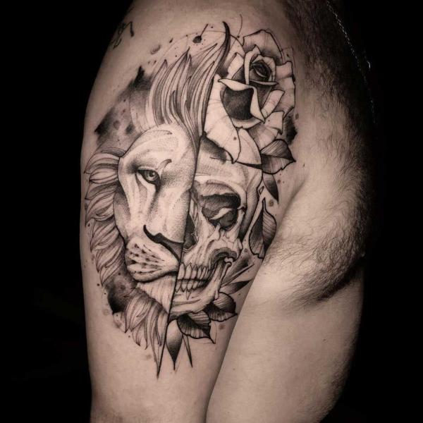 A lion with half skeletal face