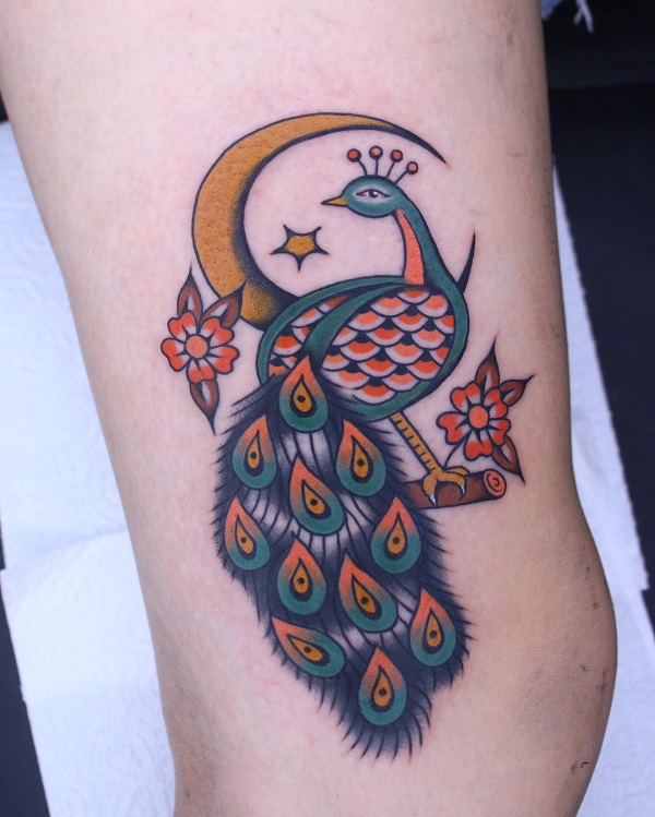 A peacock perched on branch under crescent moon and star