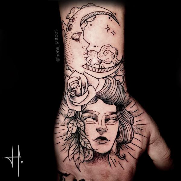 A portrait with rose and crescent moon face