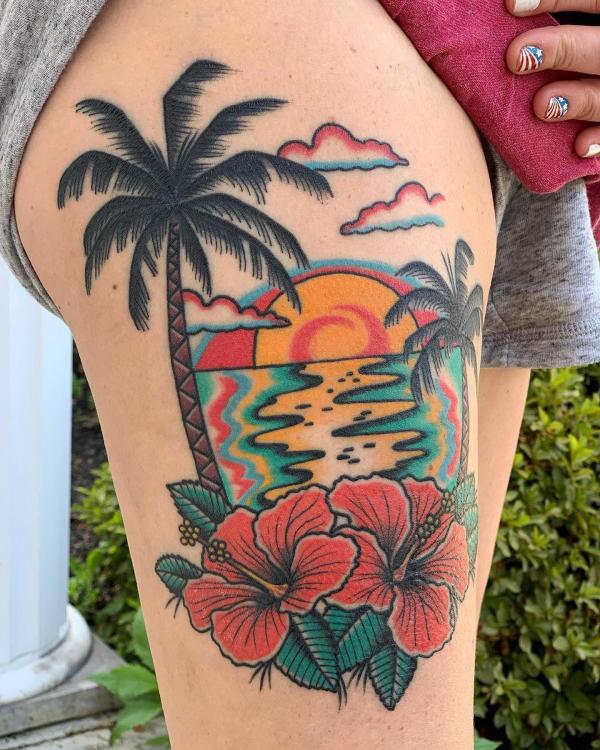 Amazing Tropical scene with palm tree and hibiscus flowers