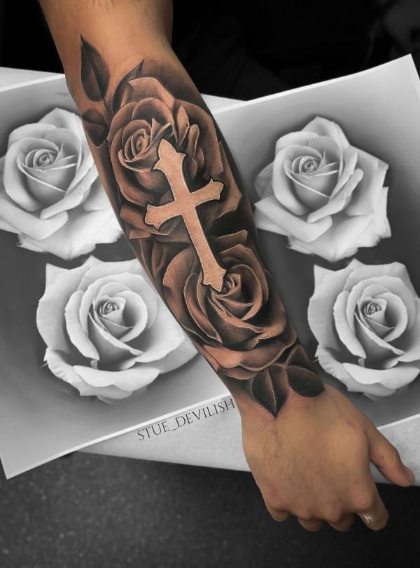 Black and white roses with negative space cross