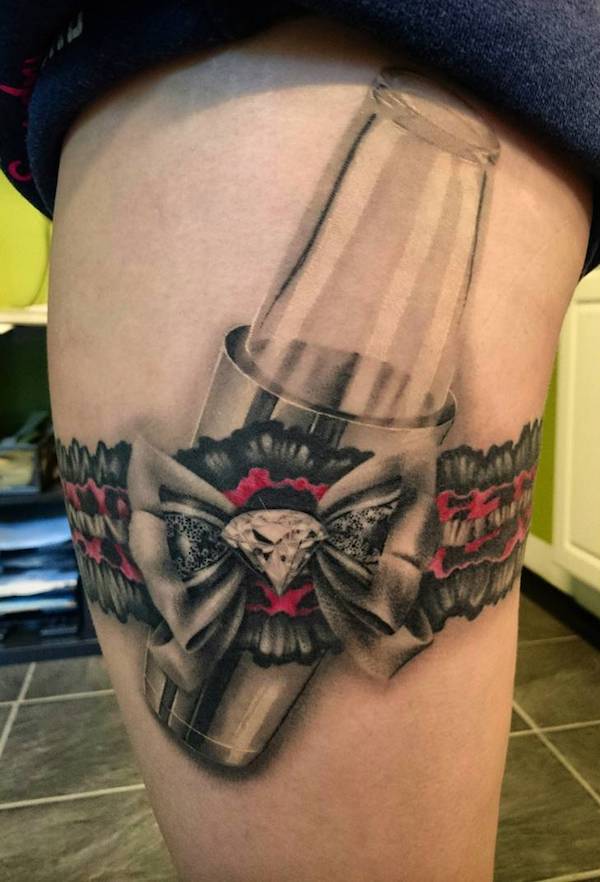 Boston glass cocktail shaker and garter with bow tattoo