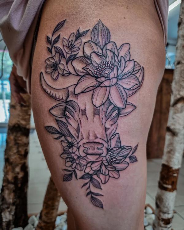 Bull head adorned with flowers
