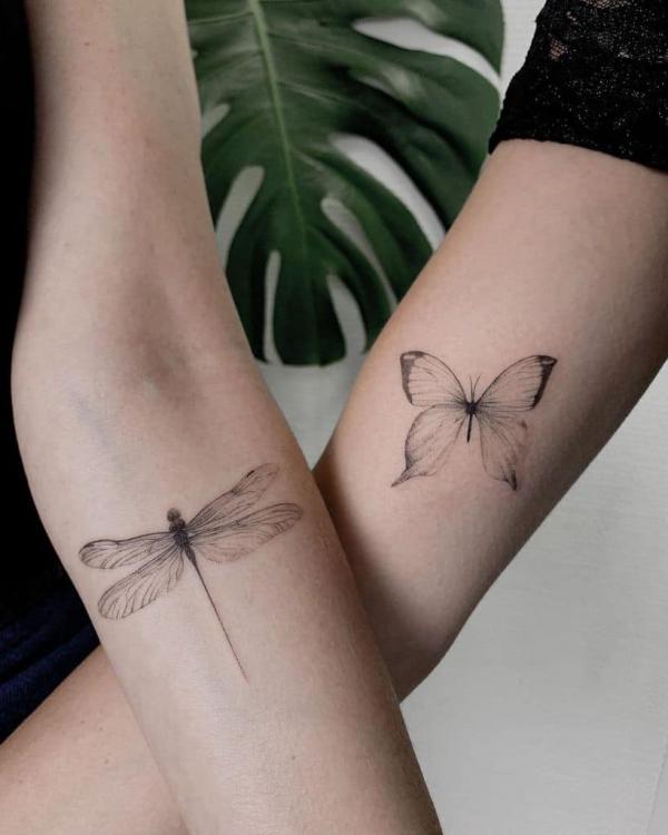 Butterfly and dragonfly matching tattoos