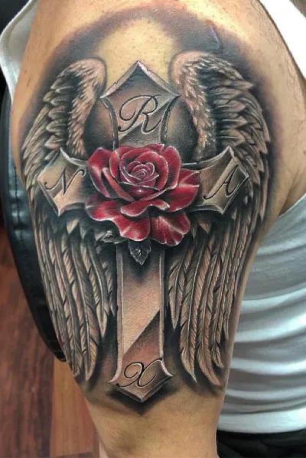 Cross with wings and rose