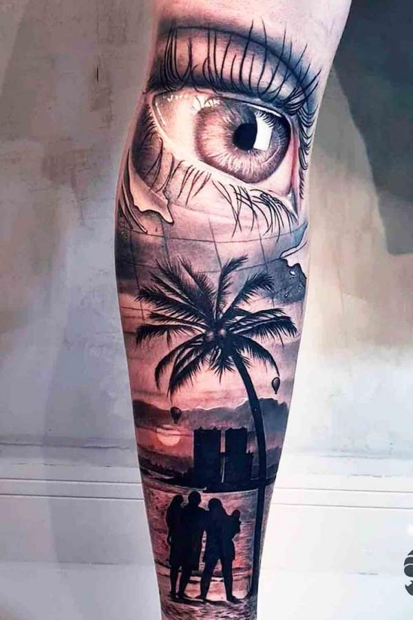 Eye of family at beach with palm tree