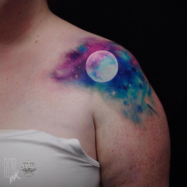 Full Moon on watercolor backdrop shoulder tattoo