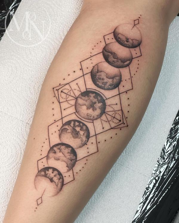 Geometric moon phrase sleeve tattoo