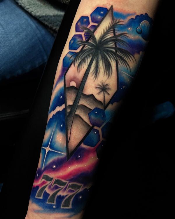 Geometric palm tree on the backdrop of blue hexagon pattern