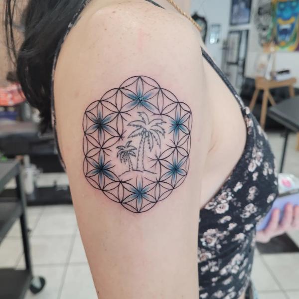 Hexagonal flower of life with palm tree in the center