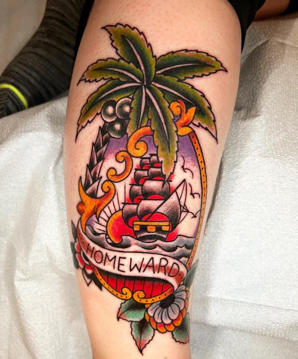 Homeward A serene seascape adorned with palm leaves