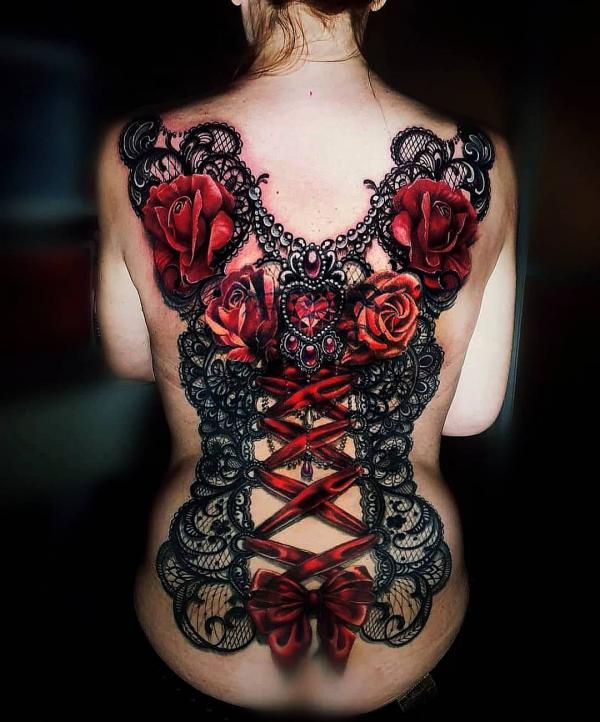 Lace Corset with red roses and bow