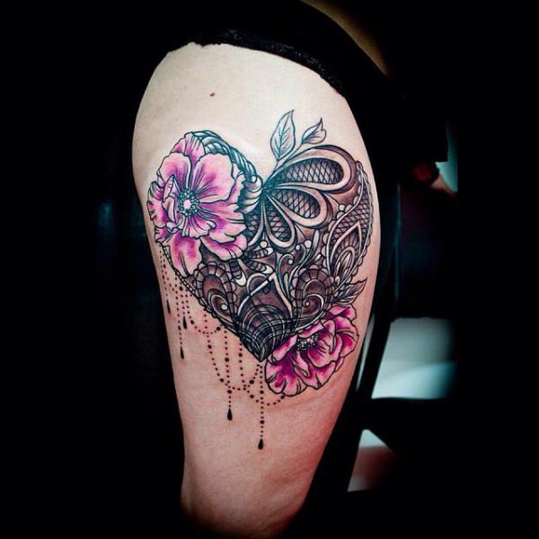 Lace heart with flower thigh tattoo
