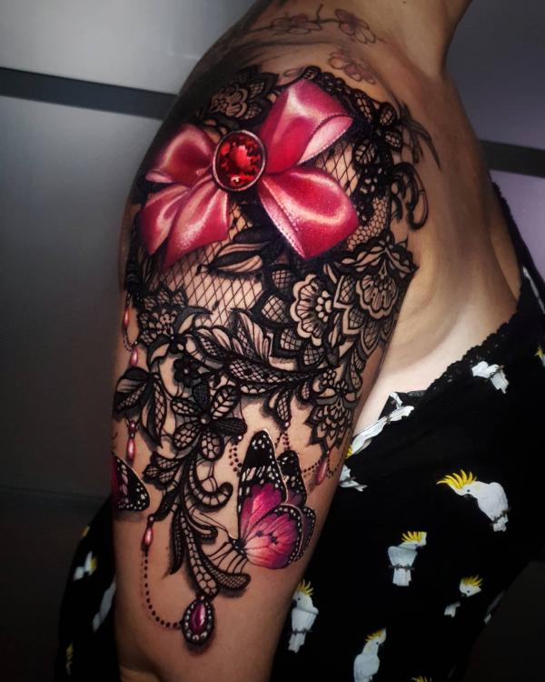 Lace shoulder tattoo with Butterfly and bow