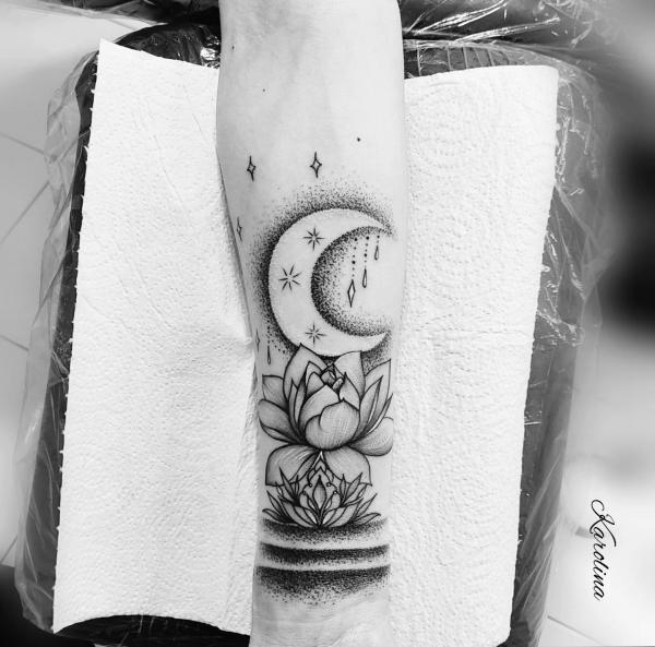 Lotus and crescent moon and stars dotwork