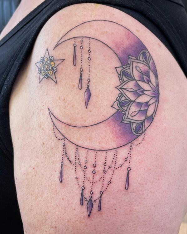 Mandala crescent moon and stars shoulder tattoo