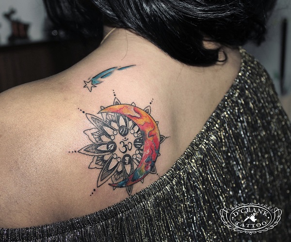 Mandala sun with crescent moon and shooting star