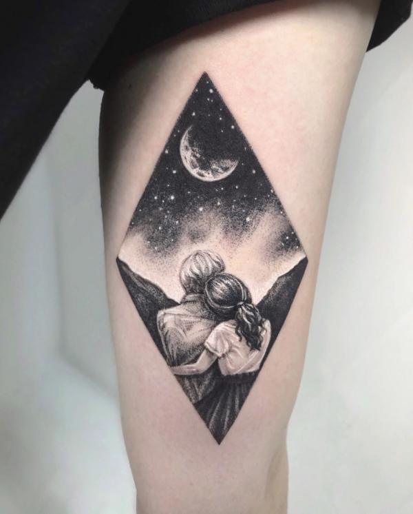 Minimalist tattoo with two lovers in mountain under moon light