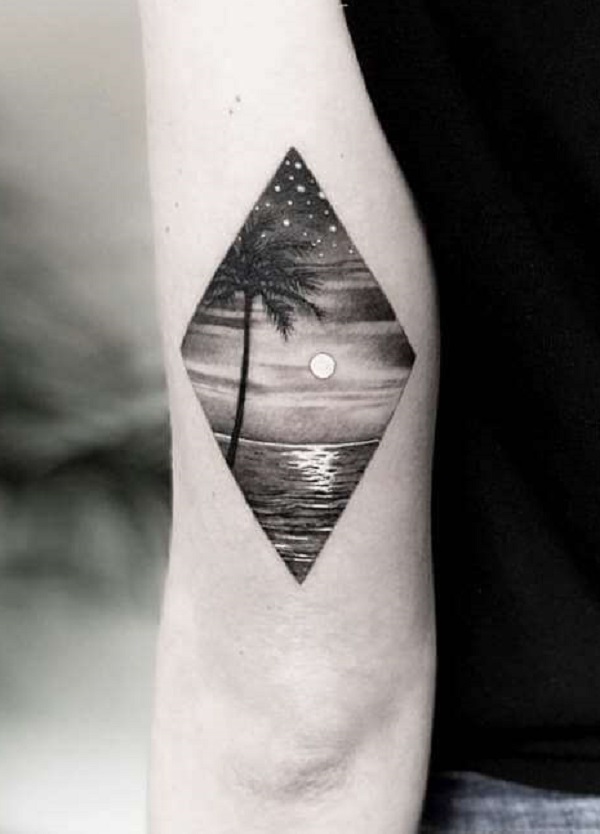 Moonlight reflection on the sea with palm tree