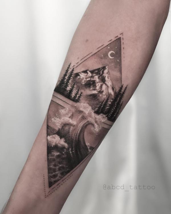 Mountain near the wave under moon and stars