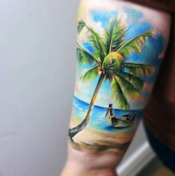 Realistic Palm Tree and a boat with Watercolor background