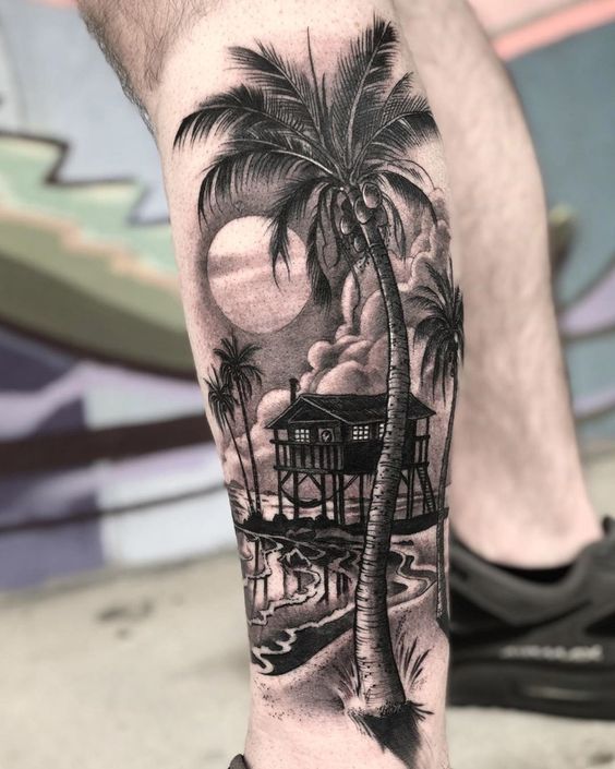 Beach sunset tattoo  palm trees  realistic tattoo  Sunset tattoos Tree  tattoo designs Palm tattoos