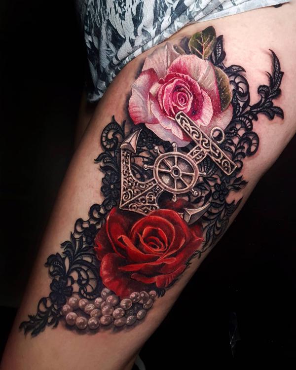Rose and steampunk anchor lace shoulder tattoo